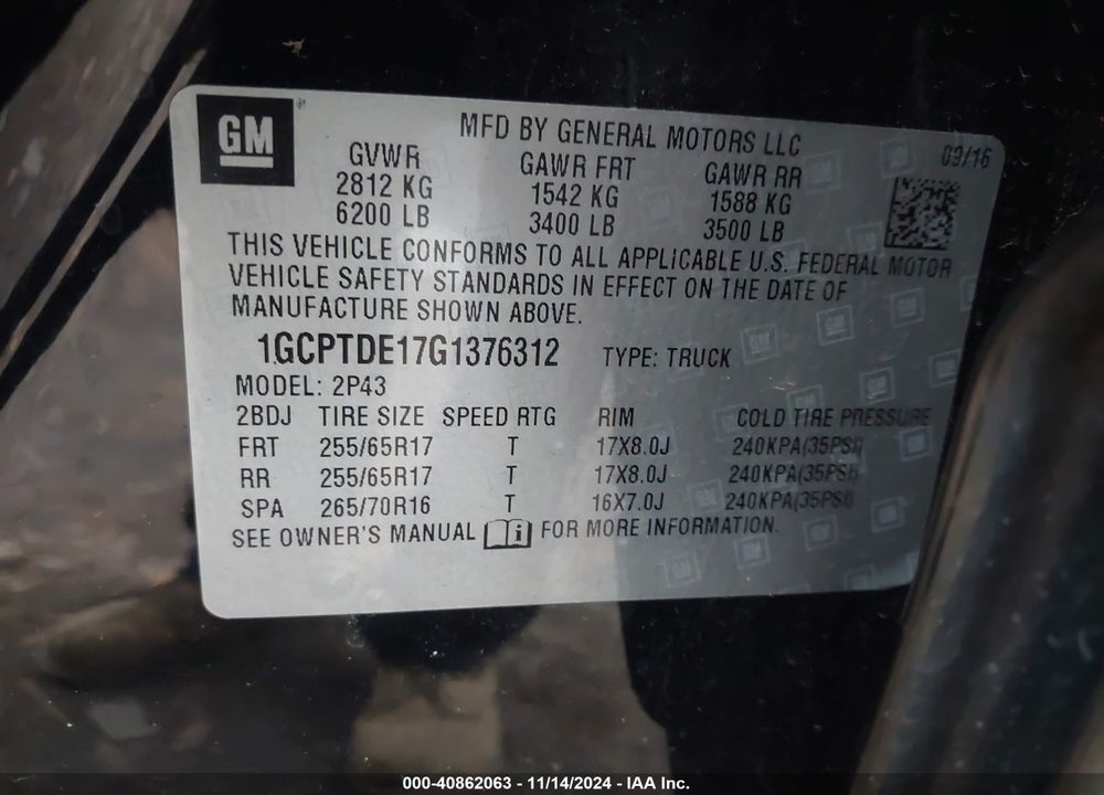 2016 CHEVROLET COLORADO VIN: 1GCPTDE17G1376312