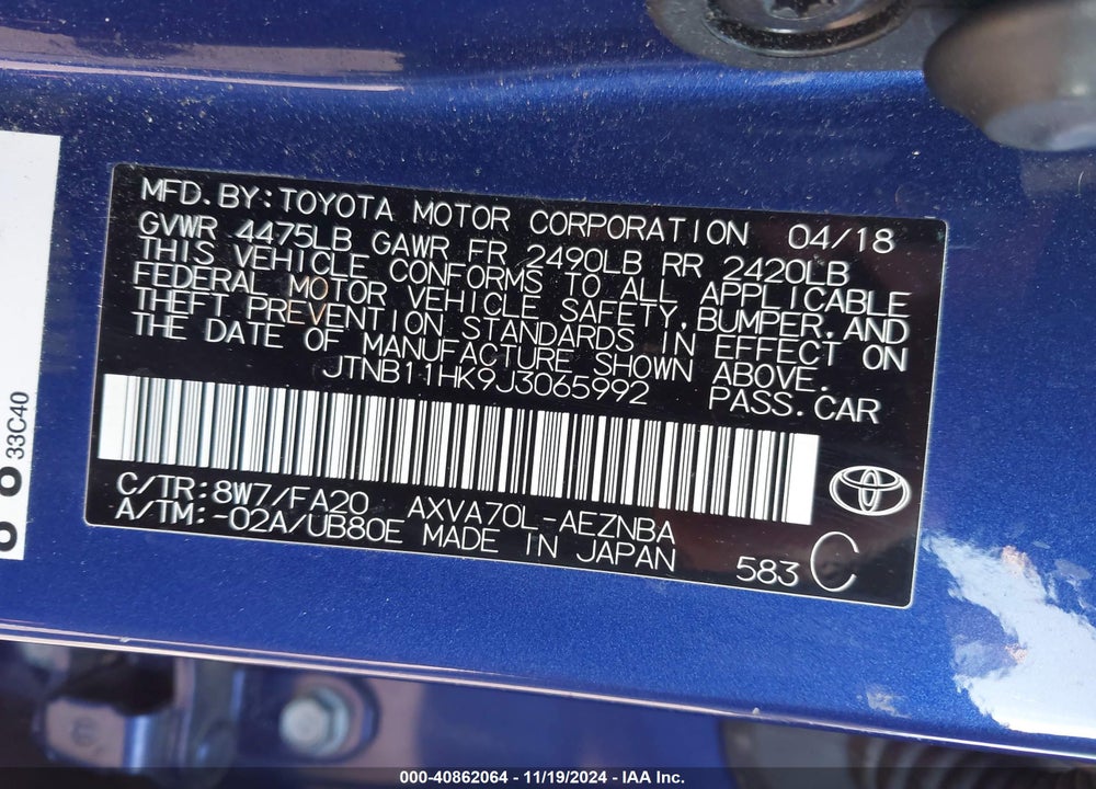 2018 TOYOTA CAMRY LE VIN: JTNB11HK9J3065992