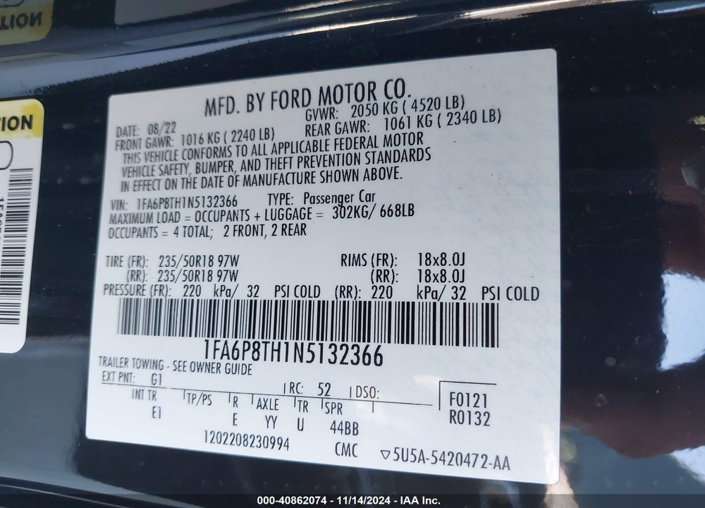 2022 FORD MUSTANG VIN: 1FA6P8TH1N5132366