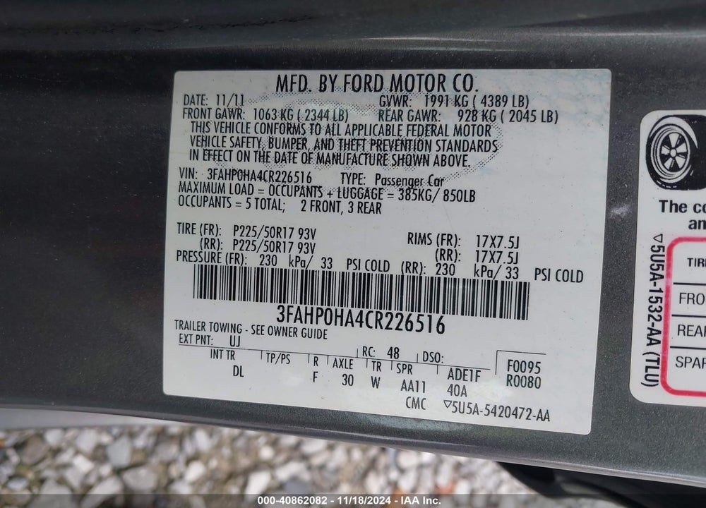 2012 FORD FUSION SE VIN: 3FAHP0HA4CR226516