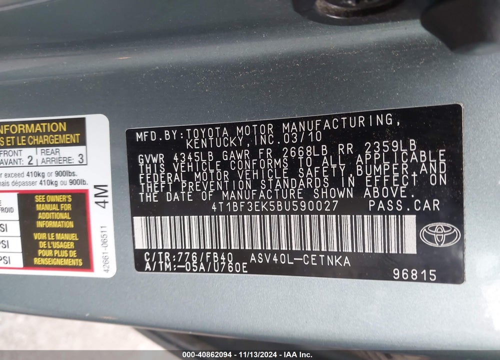 2011 TOYOTA CAMRY LE VIN: 4T1BF3EK5BU590027