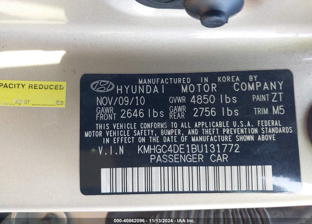 2011 HYUNDAI GENESIS 3.8 VIN: KMHGC4DE1BU131772