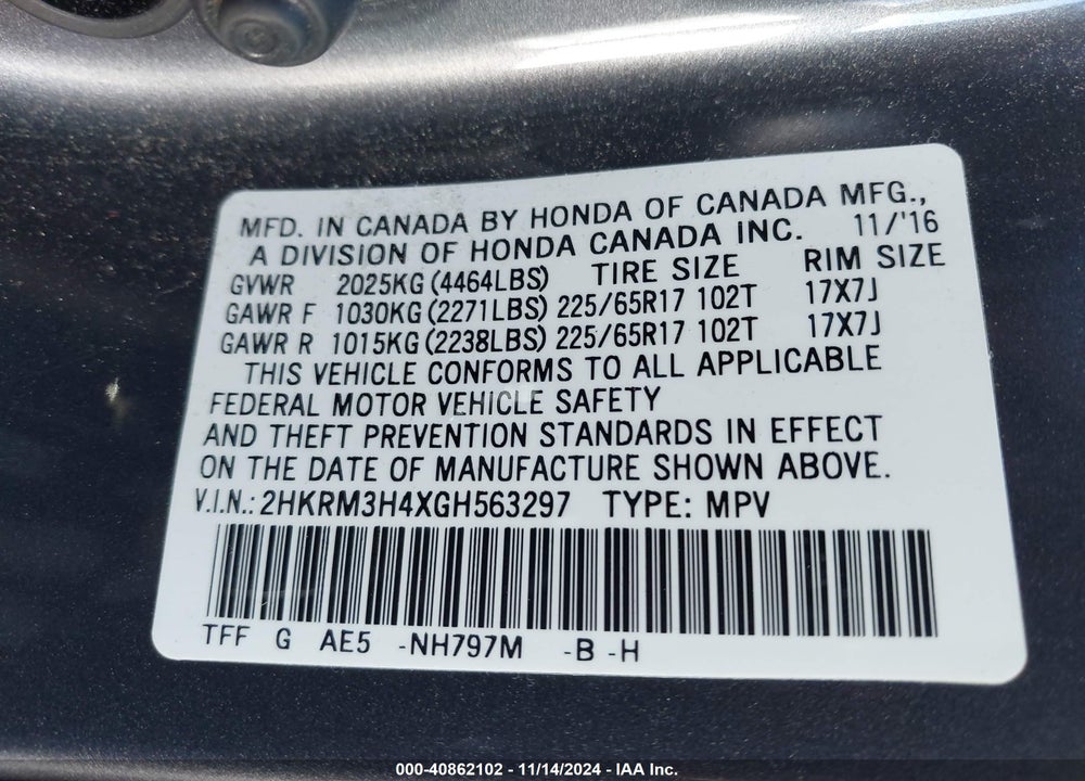 2016 HONDA CR-V SE VIN: 2HKRM3H4XGH563297