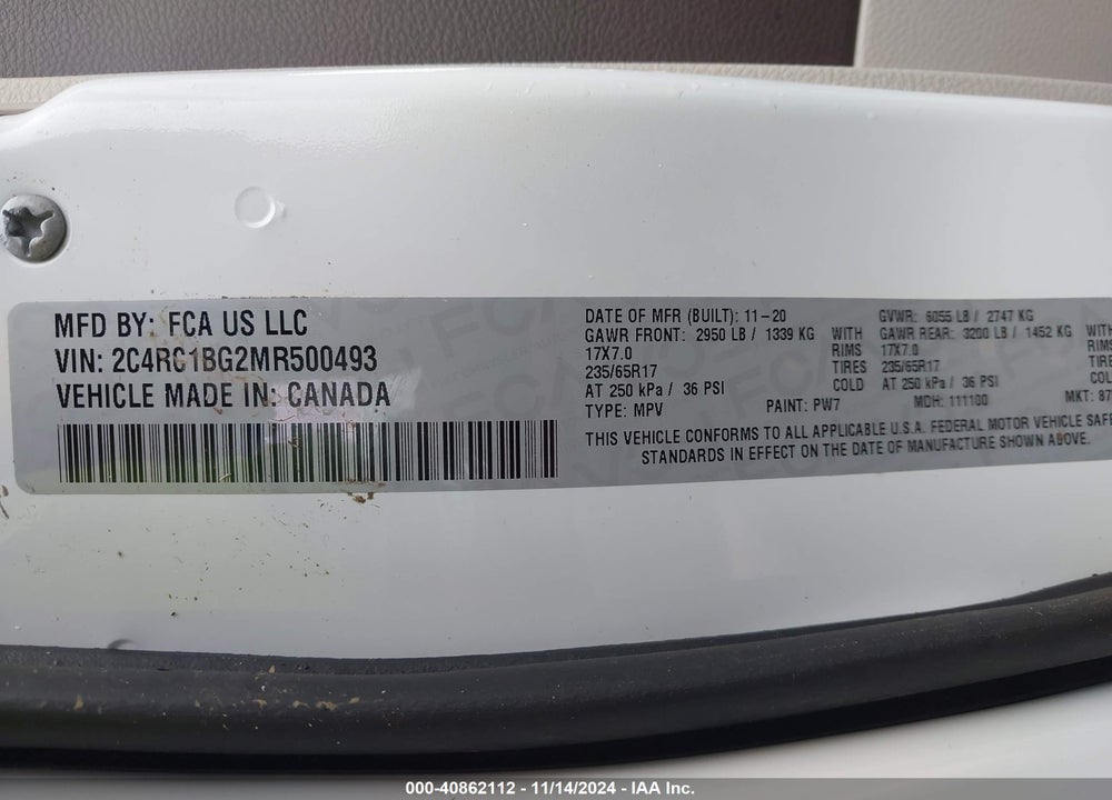 2021 CHRYSLER PACIFICA TOURING L VIN: 2C4RC1BG2MR500493