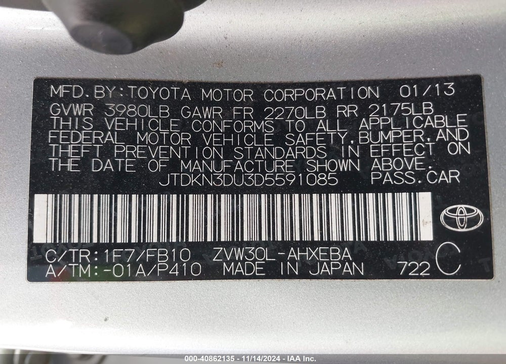 2013 TOYOTA PRIUS VIN: JTDKN3DU3D5591085