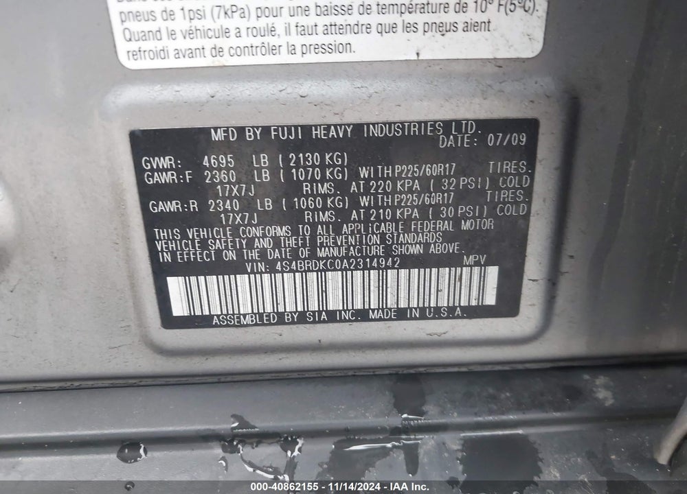 2010 SUBARU OUTBACK 3.6R LIMITED VIN: 4S4BRDKC0A2314942
