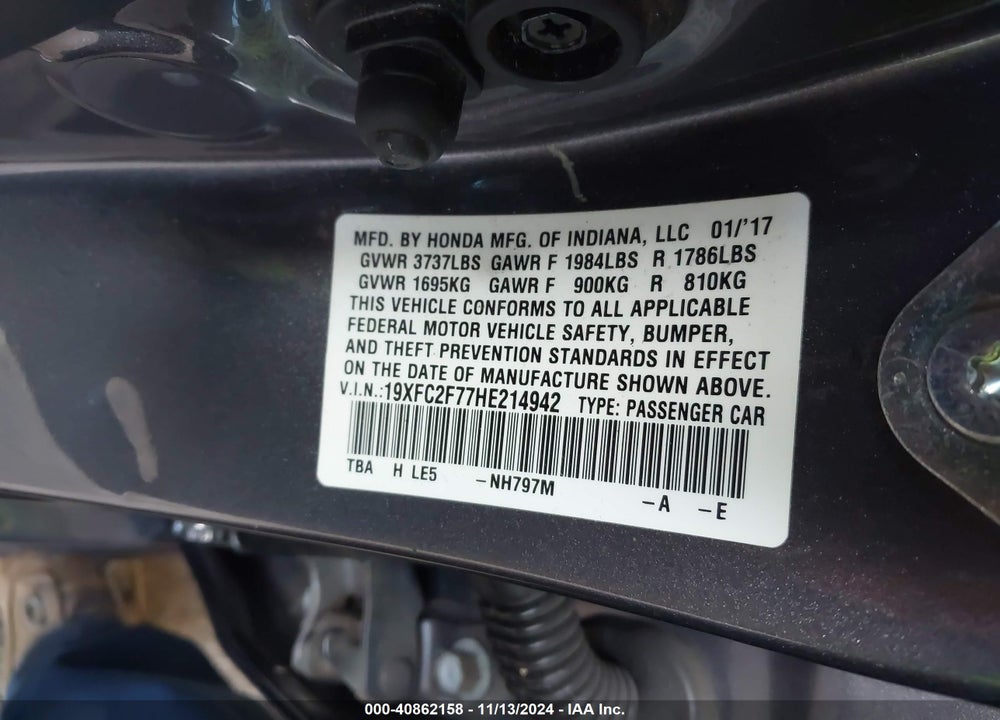 2017 HONDA CIVIC EX VIN: 19XFC2F77HE214942