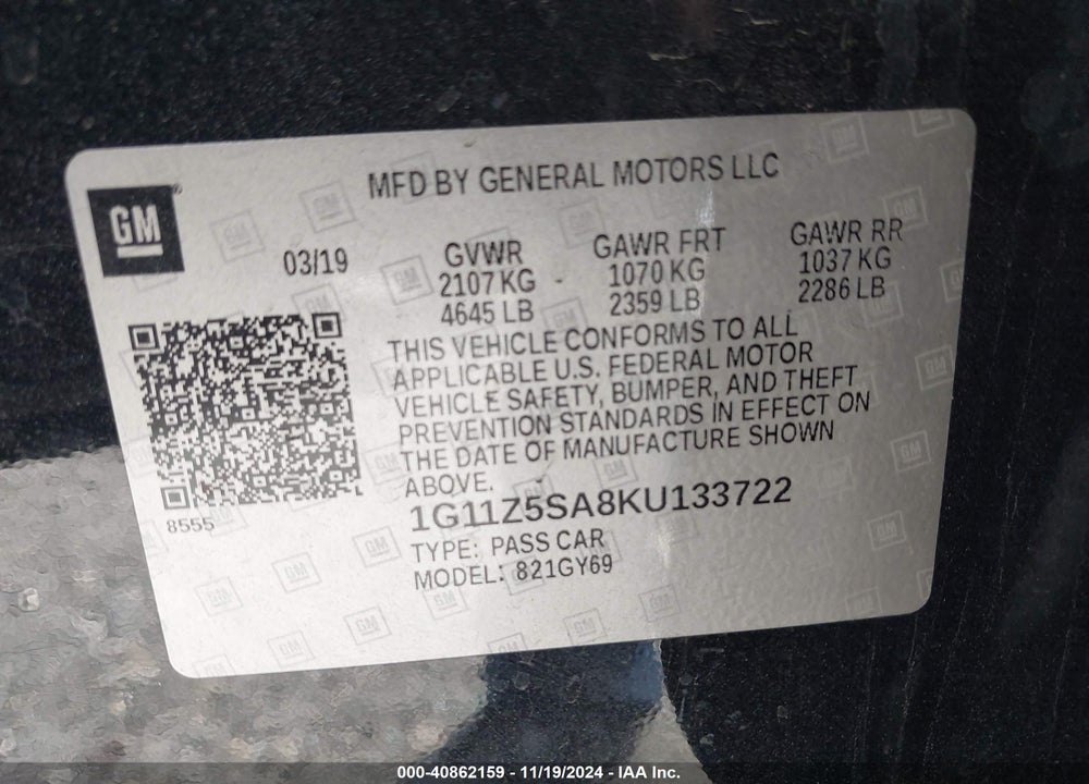 2019 CHEVROLET IMPALA LT VIN: 1G11Z5SA8KU133722