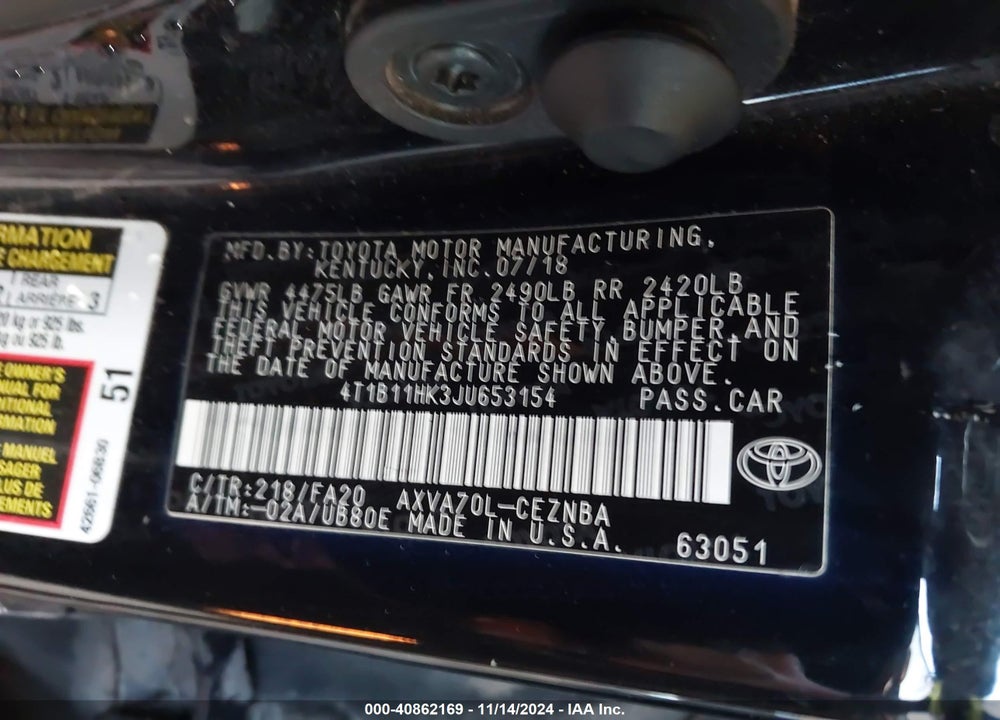 2018 TOYOTA CAMRY VIN: 4T1B11HK3JU653154
