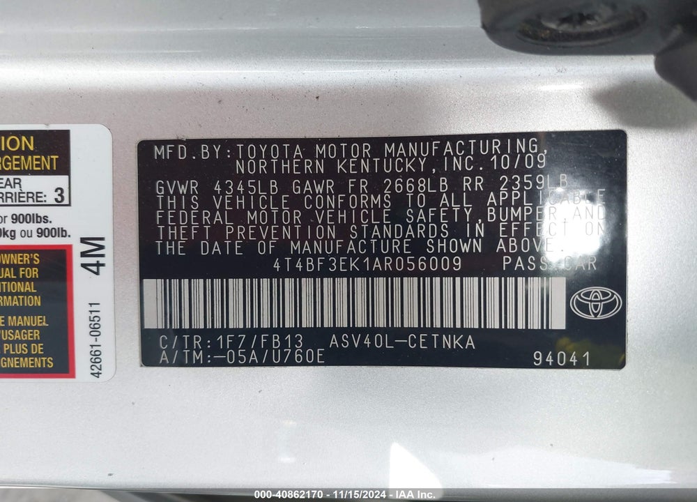 2010 TOYOTA CAMRY LE VIN: 4T4BF3EK1AR056009