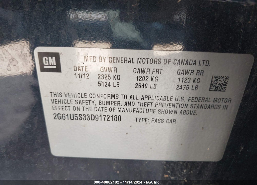 2013 CADILLAC XTS PLATINUM VIN: 2G61U5S33D9172180