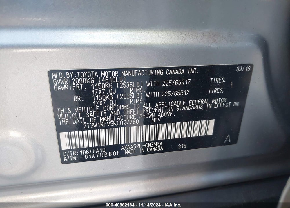 2019 TOYOTA RAV4 XLE VIN: 2T3W1RFV5KC027760