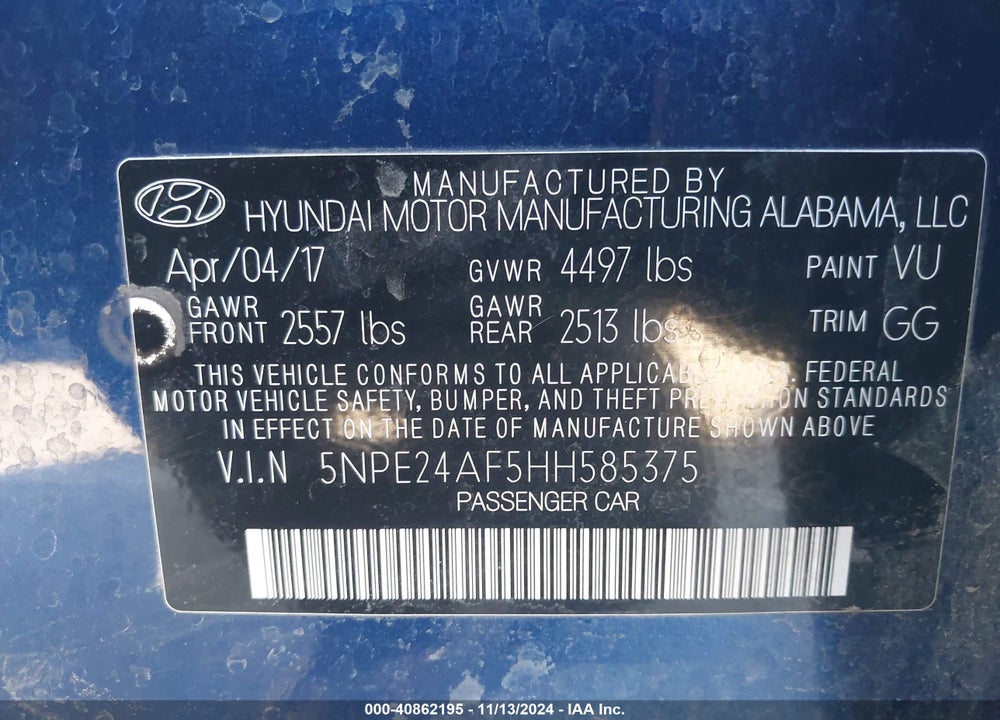 2017 HYUNDAI SONATA SE VIN: 5NPE24AF5HH585375