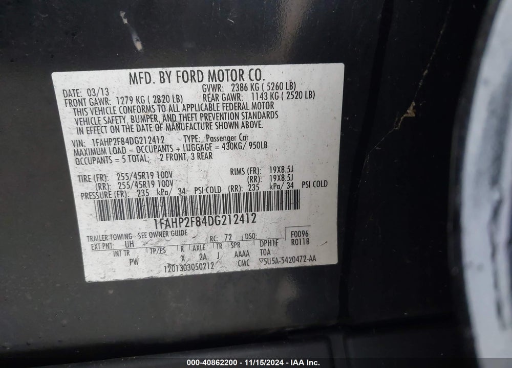 2013 FORD TAURUS LIMITED VIN: 1FAHP2F84DG212412