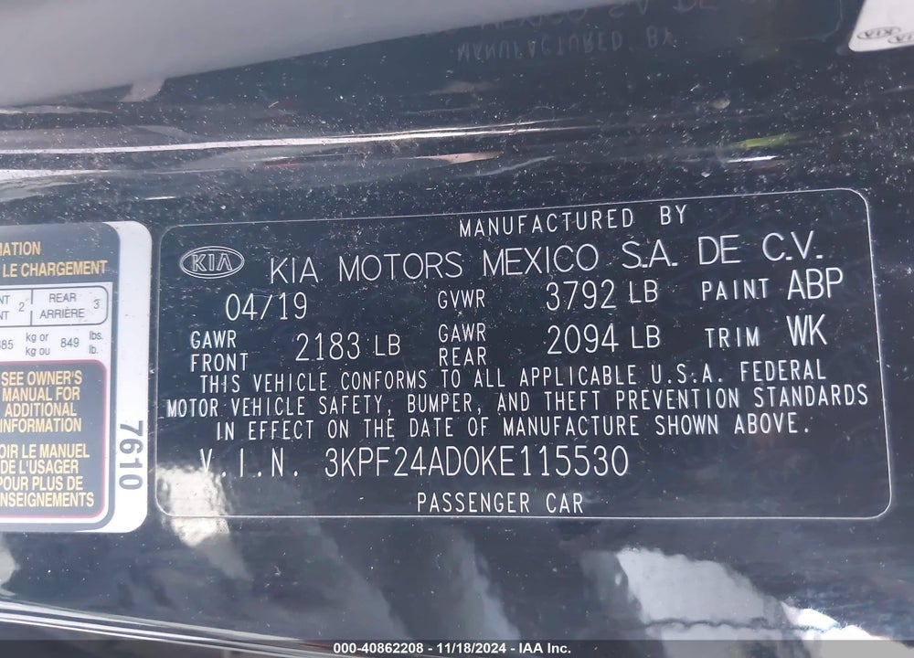 2019 KIA FORTE LXS VIN: 3KPF24AD0KE115530