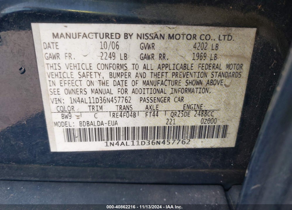 2006 NISSAN ALTIMA 2.5 S VIN: 1N4AL11D36N457762