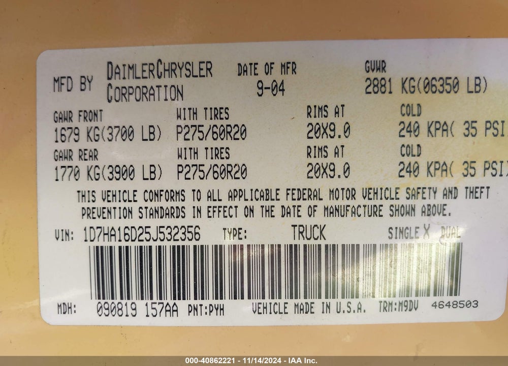 2005 DODGE RAM 1500 SLT/LARAMIE VIN: 1D7HA16D25J532356