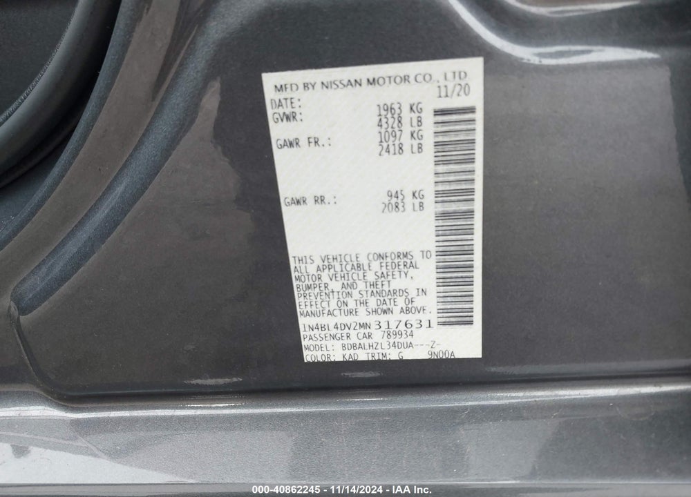 2021 NISSAN ALTIMA SV FWD VIN: 1N4BL4DV2MN317631