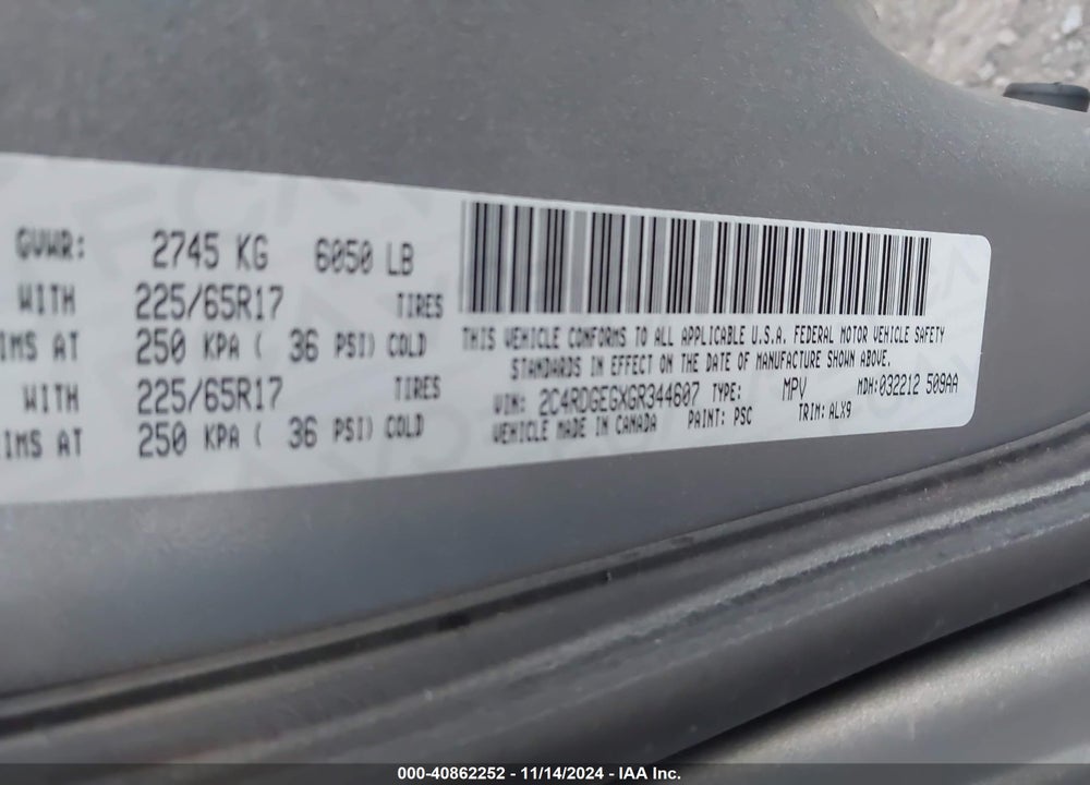 2016 DODGE GRAND CARAVAN R/T VIN: 2C4RDGEGXGR344607