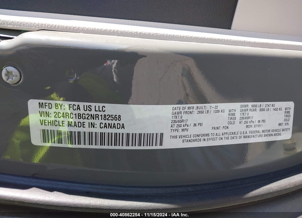 2022 CHRYSLER PACIFICA TOURING L VIN: 2C4RC1BG2NR182568