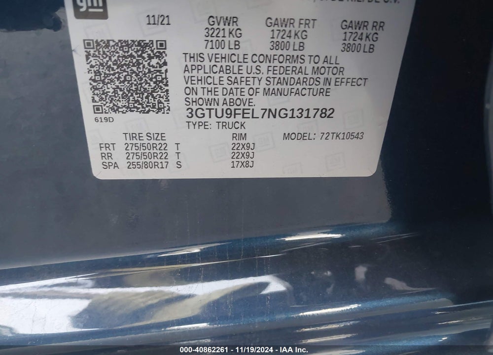 2022 GMC SIERRA 1500 LIMITED 4WD SHORT BOX DENALI VIN: 3GTU9FEL7NG131782