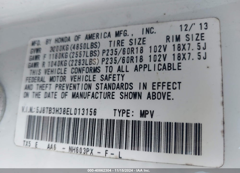 2014 ACURA RDX VIN: 5J8TB3H38EL013156