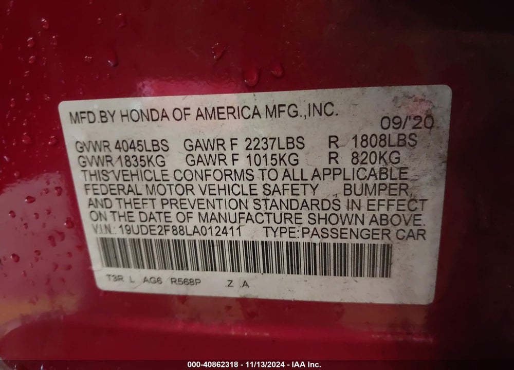 2020 ACURA ILX PREMIUM A-SPEC PACKAGES/TECHNOLOGY A-SPEC PACKAGES VIN: 19UDE2F88LA012411