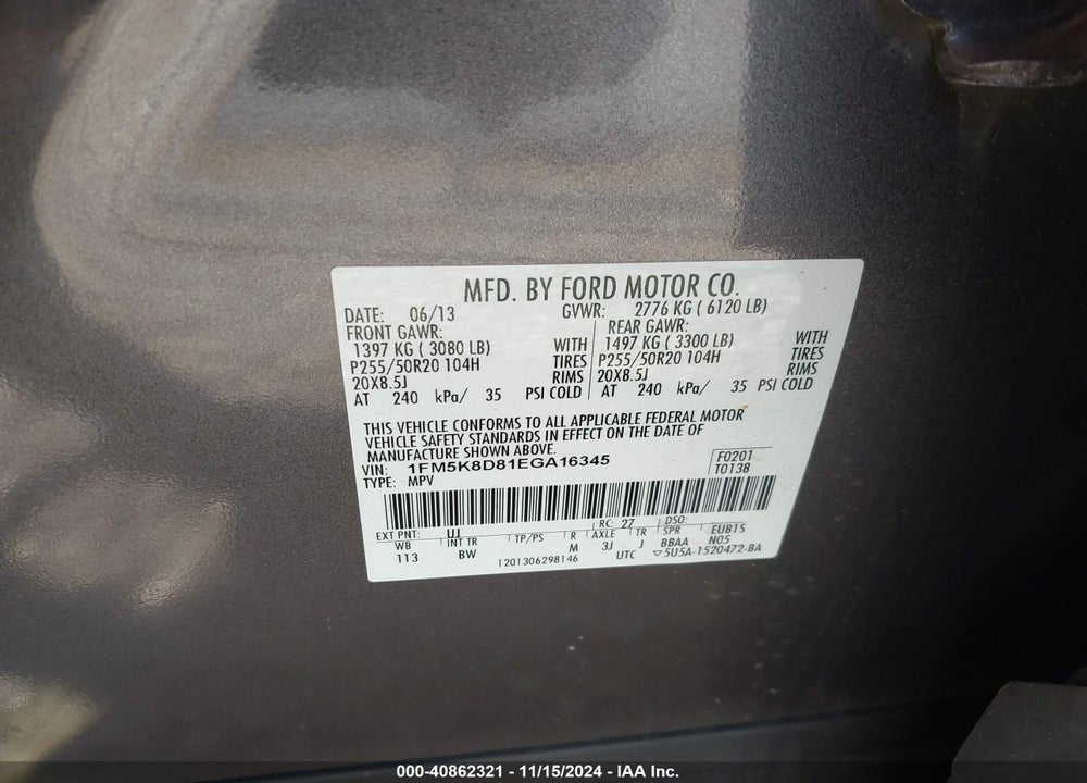 2014 FORD EXPLORER XLT VIN: 1FM5K8D81EGA16345