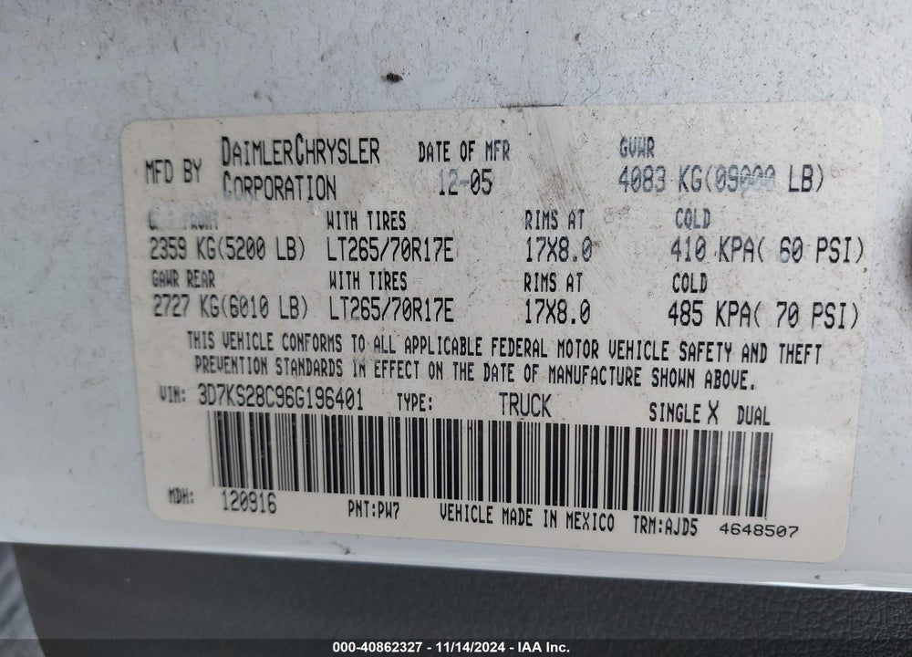 2006 DODGE RAM 2500 SLT/SPORT VIN: 3D7KS28C96G196401