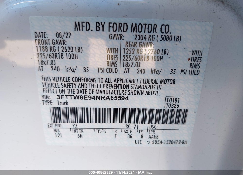 2022 FORD MAVERICK LARIAT VIN: 3FTTW8E94NRA85594