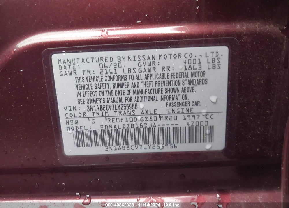 2020 NISSAN SENTRA VIN: 3N1AB8CV7LY255956