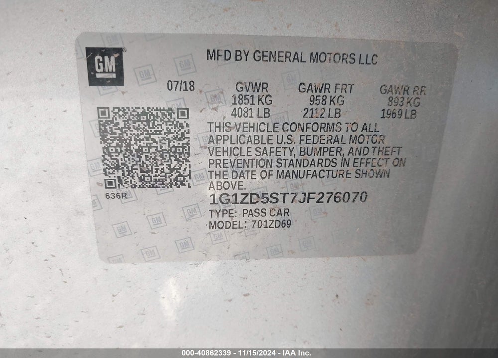 2018 CHEVROLET MALIBU VIN: 1G1ZD5ST7JF276070