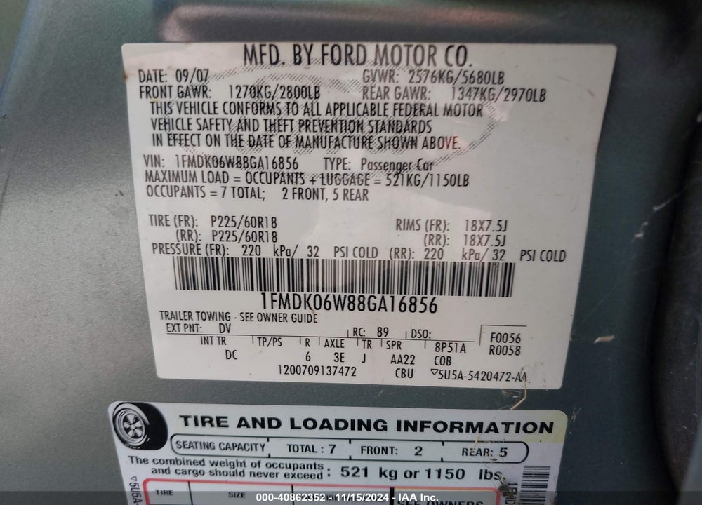 2008 FORD TAURUS X LIMITED VIN: 1FMDK06W88GA16856