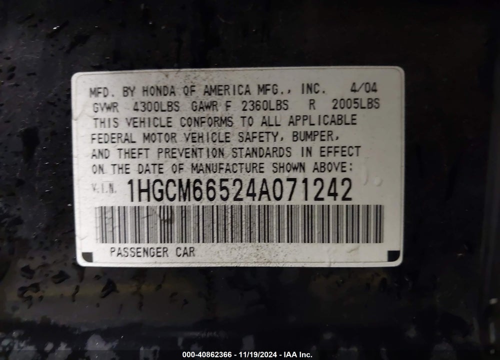 2004 HONDA ACCORD 3.0 EX VIN: 1HGCM66524A071242