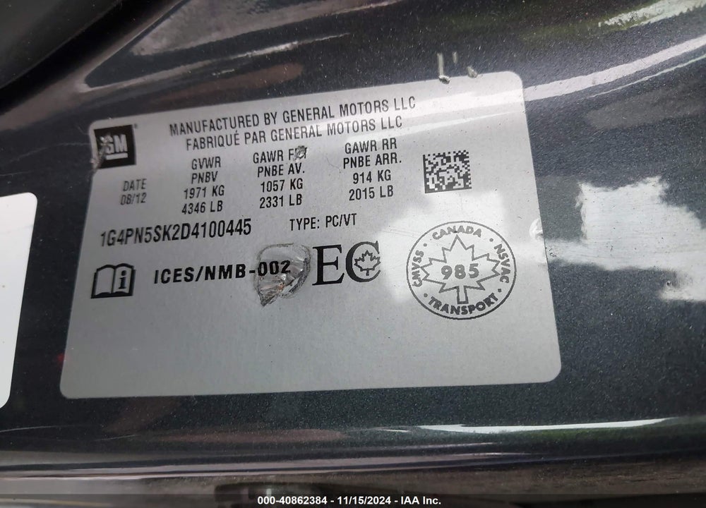 2013 BUICK VERANO VIN: 1G4PN5SK2D4100445