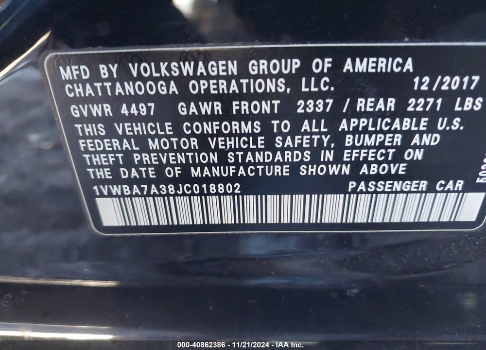 2018 VOLKSWAGEN PASSAT 2.0T SE VIN: 1VWBA7A38JC018802