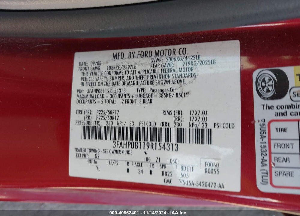 2009 FORD FUSION SEL VIN: 3FAHP08119R154313