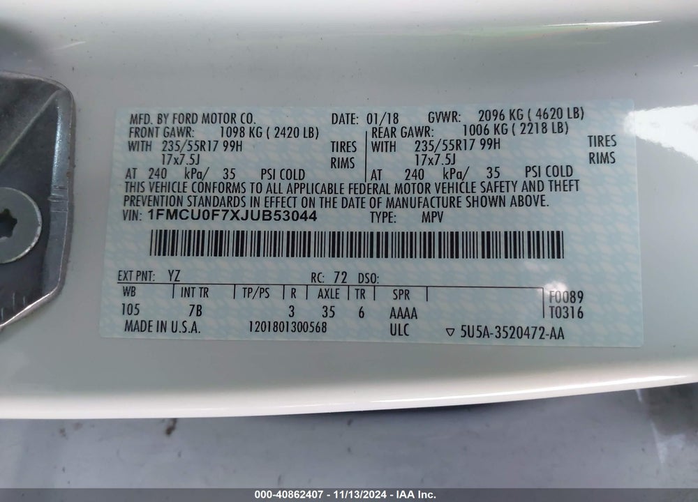 2018 FORD ESCAPE S VIN: 1FMCU0F7XJUB53044