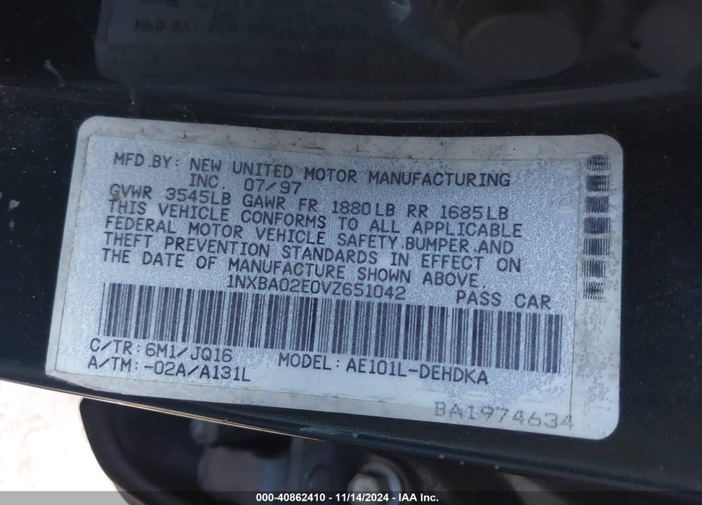 1997 TOYOTA COROLLA STD VIN: 1NXBA02E0VZ651042