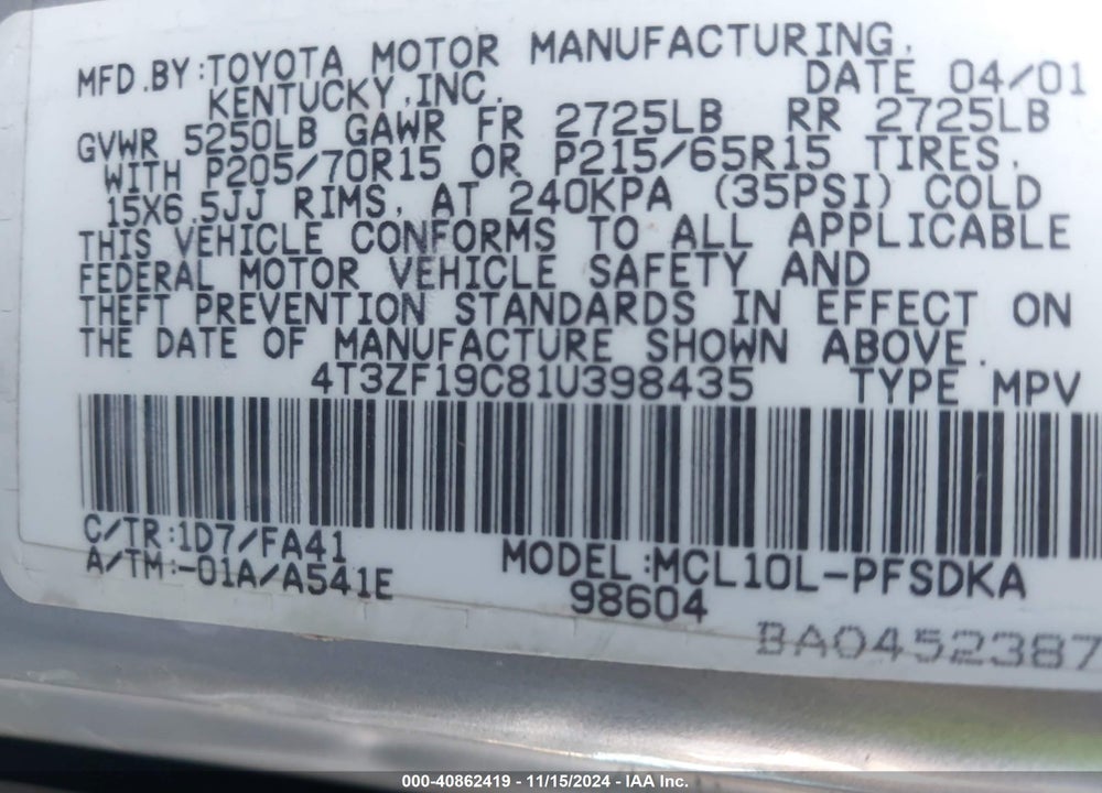 2001 TOYOTA SIENNA CE VIN: 4T3ZF19C81U398435