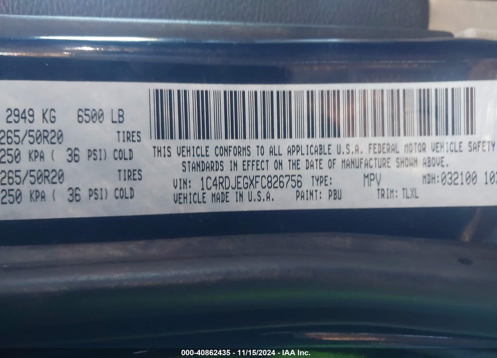 2015 DODGE DURANGO CITADEL VIN: 1C4RDJEGXFC826756