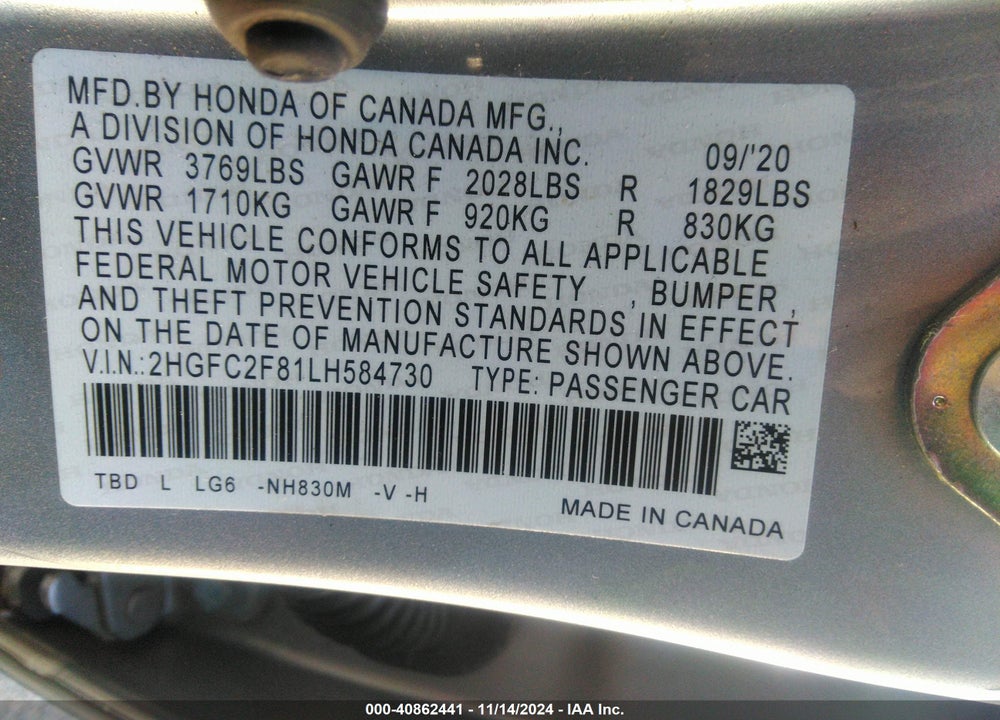 2020 HONDA CIVIC SPORT VIN: 2HGFC2F81LH584730
