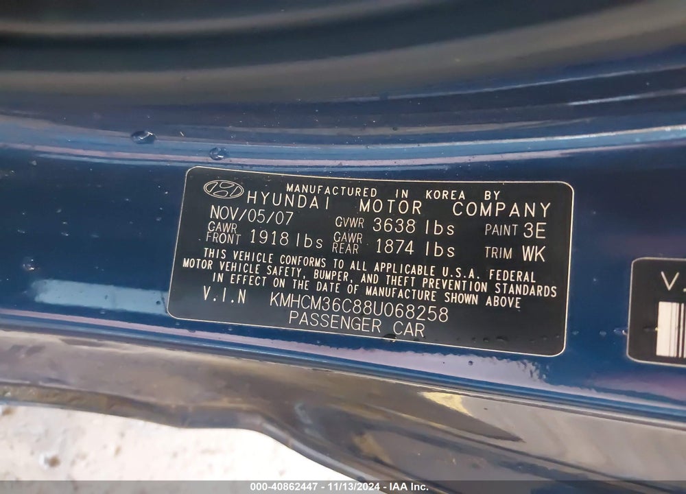 2008 HYUNDAI ACCENT GS VIN: KMHCM36C88U068258