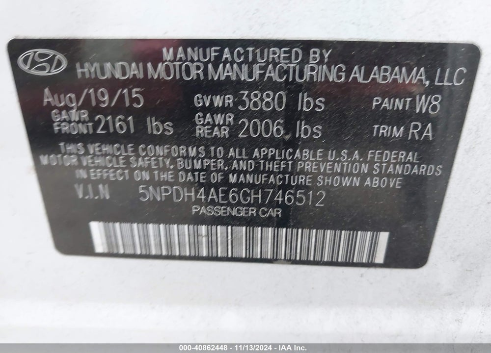 2016 HYUNDAI ELANTRA SE VIN: 5NPDH4AE6GH746512