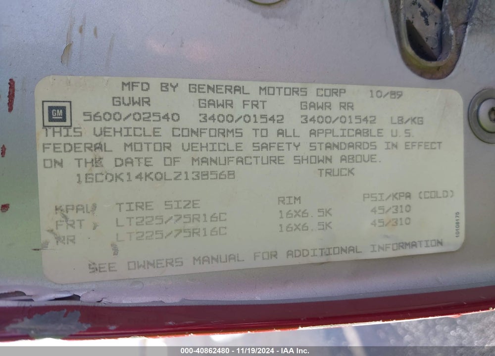 1990 CHEVROLET GMT-400 K1500 VIN: 1GCDK14K0LZ138568
