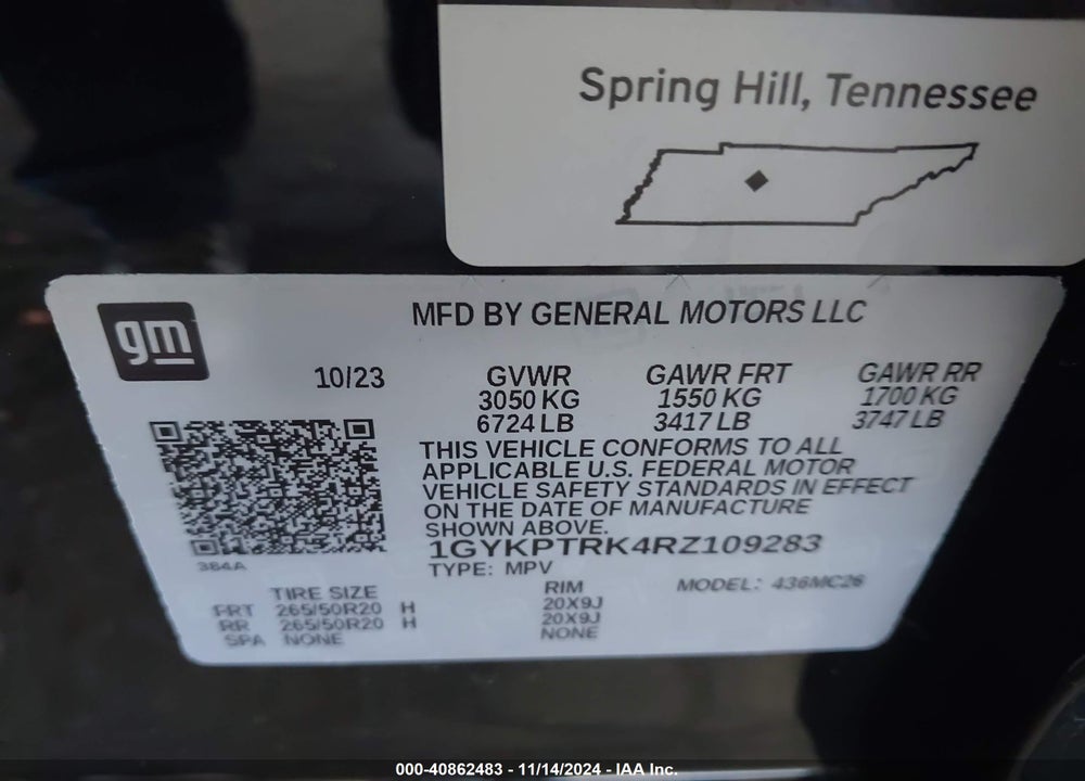 2024 CADILLAC LYRIQ SPORT W/1SF VIN: 1GYKPTRK4RZ109283