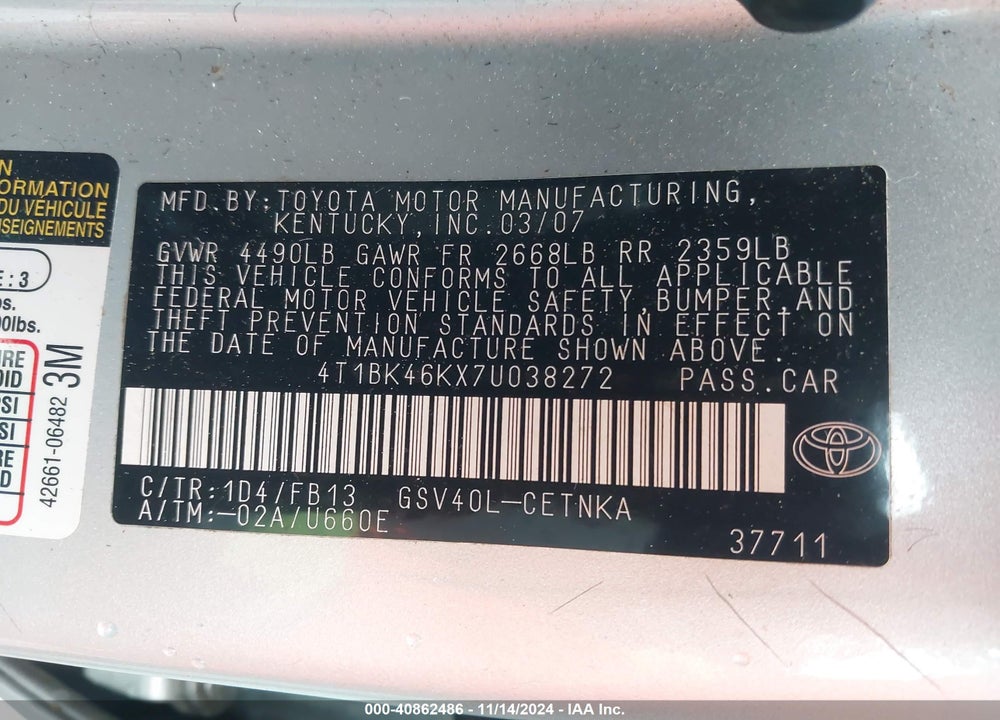 2007 TOYOTA CAMRY LE V6 VIN: 4T1BK46KX7U038272