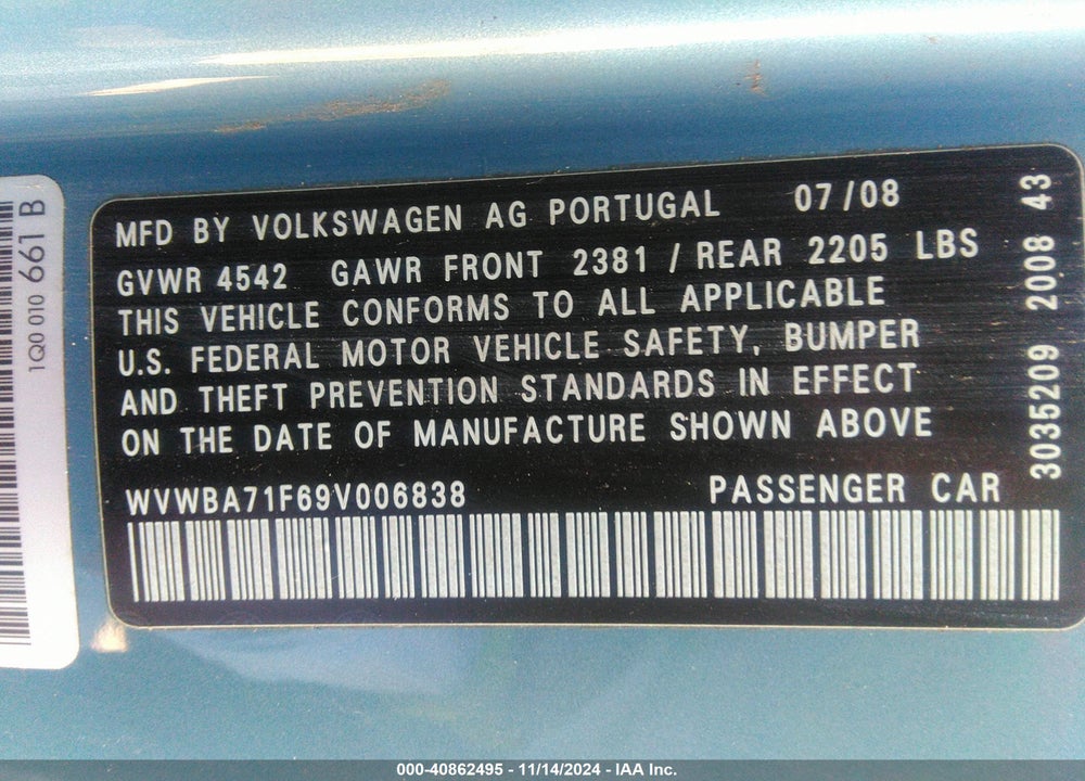 2009 VOLKSWAGEN EOS KOMFORT VIN: WVWBA71F69V006838