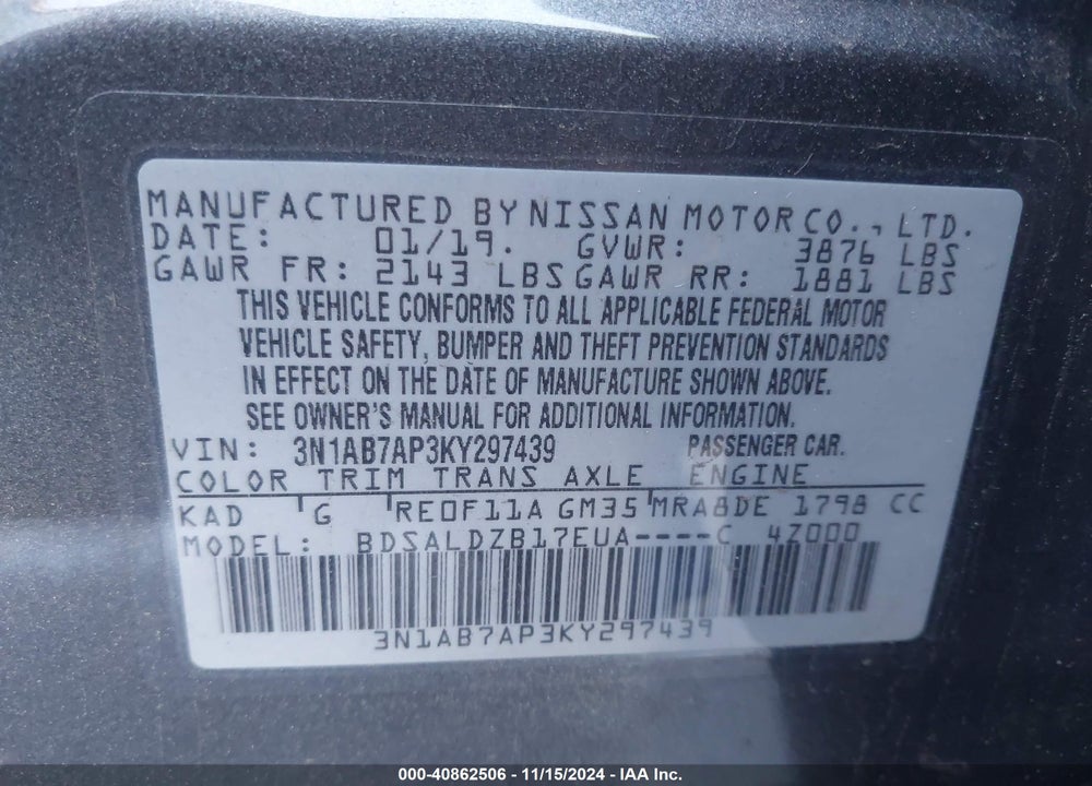 2019 NISSAN SENTRA SV VIN: 3N1AB7AP3KY297439
