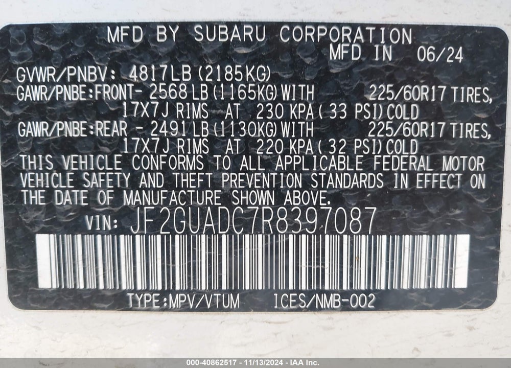 2024 SUBARU CROSSTREK PREMIUM VIN: JF2GUADC7R8397087